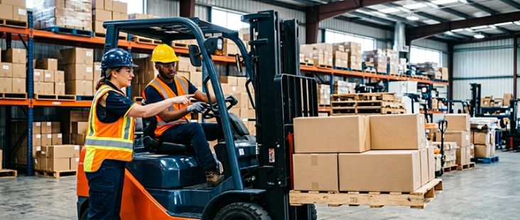 Formateur SAVPRO Formation accompagnant un stagiaire lors d'un exercice pratique de conduite de chariot élévateur en entrepôt