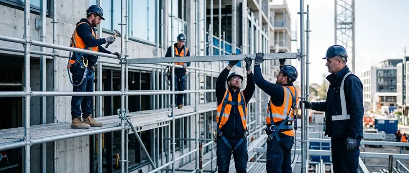 Monteurs équipés de harnais assemblant un échafaudage de pied sur chantier, sous la supervision d'un formateur