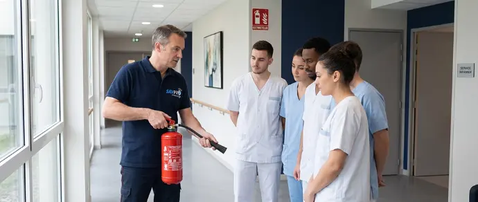 Personnel d'EHPAD formé aux techniques d'évacuation et de mise en sécurité incendie