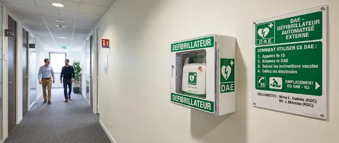 Défibrillateur automatisé externe fixé au mur dans un couloir d'entreprise, à côté de sa signalétique